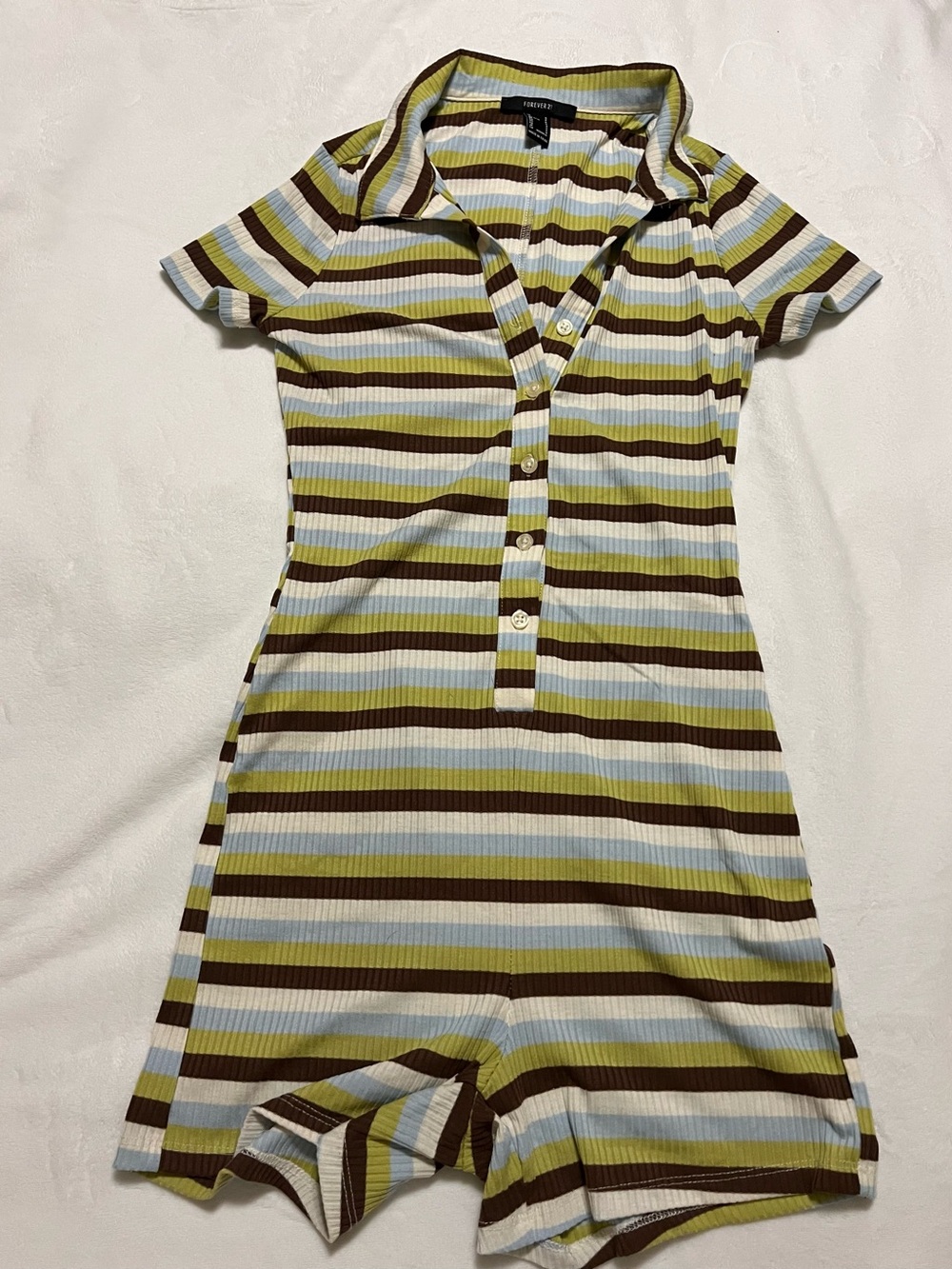 Forever 21 Striped Polo Romper in Brown, Light Blue, Olive